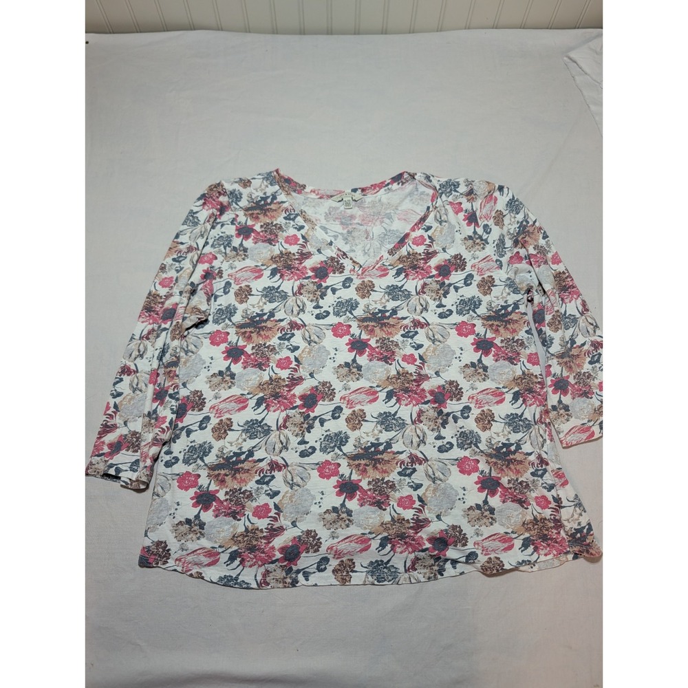 Lucky Brand Womens XL Floral V-Neck Long Sleeve Knit Top Pink Blue White